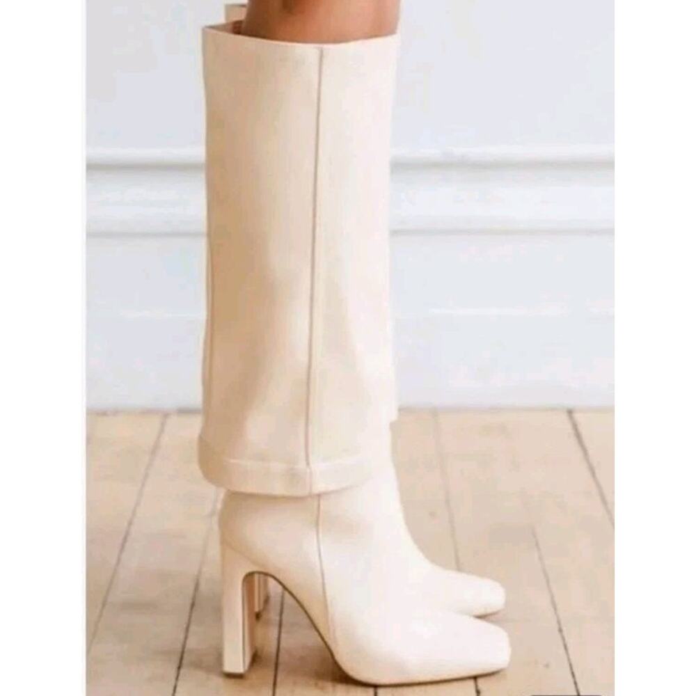 Lulu's Lorlia Women's Almond Square Toe Knee High Fold Over Boots Size 8 Beige - Picture 5 of 9